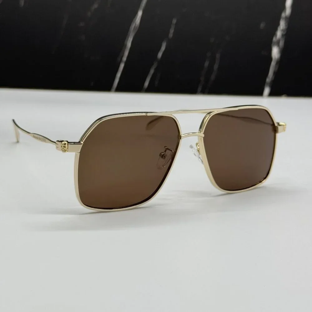 NEW AM0372S 002 ALEXANDER MCQUEEN GOLD PILOT UNISEX SUNGLASSES